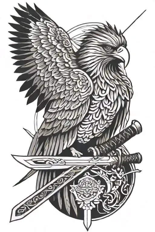 katana with eagle head and wings tattoo design idea