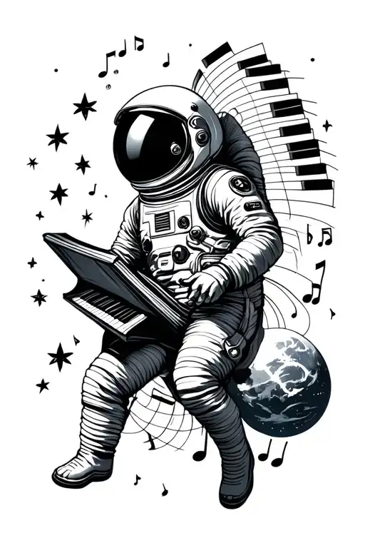 astronaut floating in space surrounded by stars and music with piano tiles wrapping behind him tattoo design idea