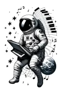 astronaut floating in space surrounded by stars and music with piano tiles wrapping behind him tattoo design idea