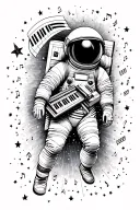 astronaut floating in space surrounded by stars and music with piano tiles wrapping behind him tattoo design idea