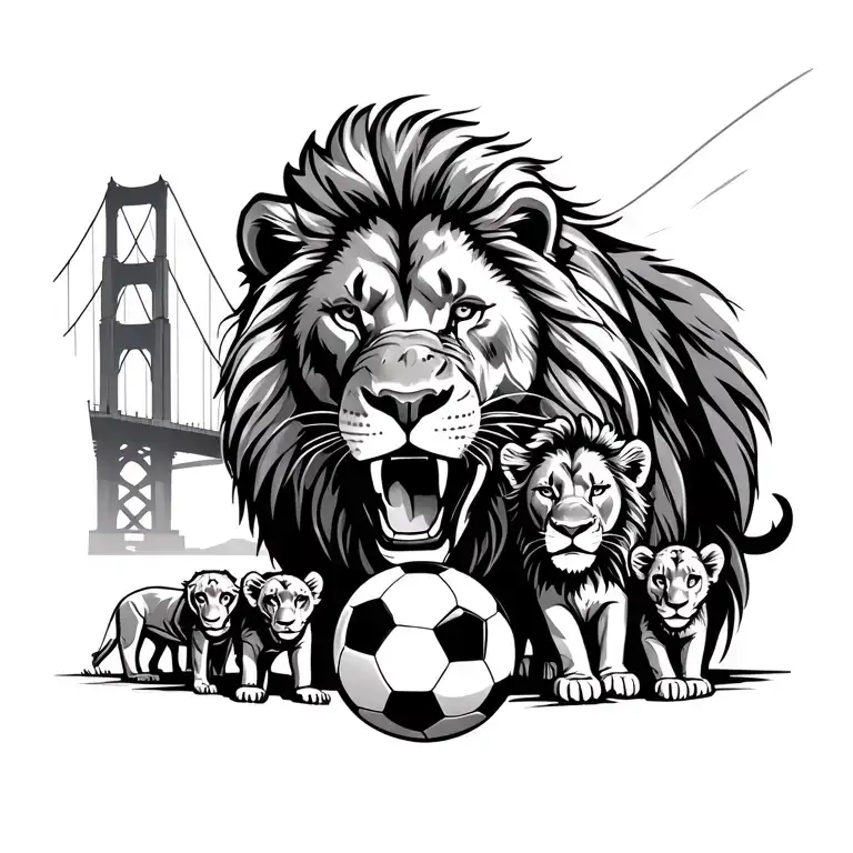 Lion roaring, with lioness and 3 cubs, Golden Gate Bridge, soccer dad with soccer daughter tattoo design idea