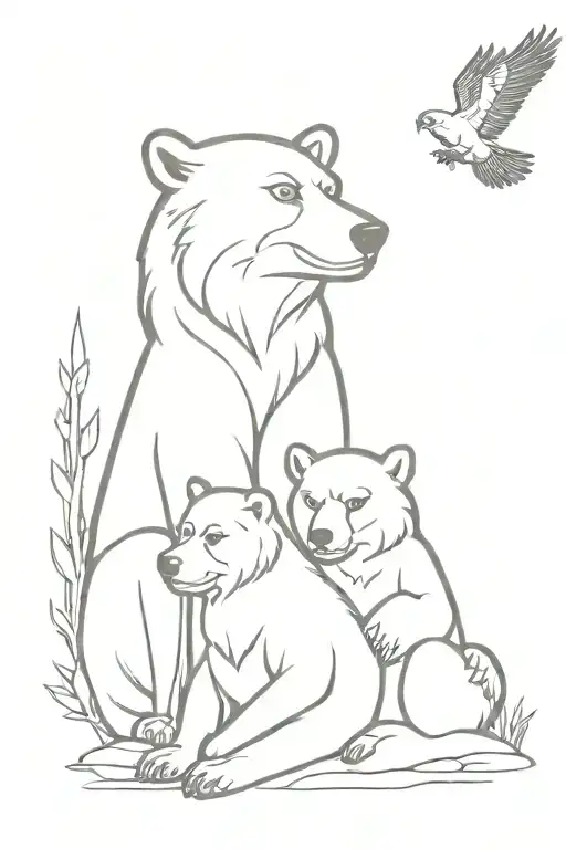 brother bear sitting together with a eagle soring and the background in a rectangle box tattoo design idea