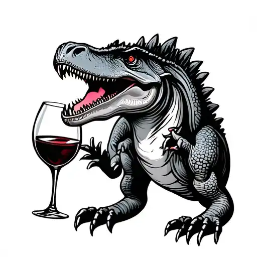 dinosaur drinking a glass of wine with stem tattoo design idea