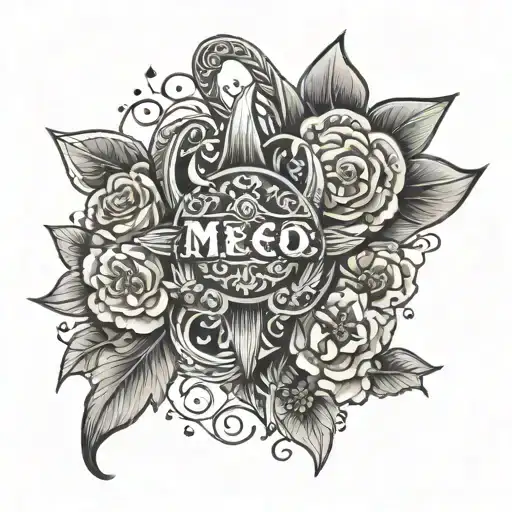 Viking style tattoo on upper thigh with ornate flowers and writing tattoo design idea