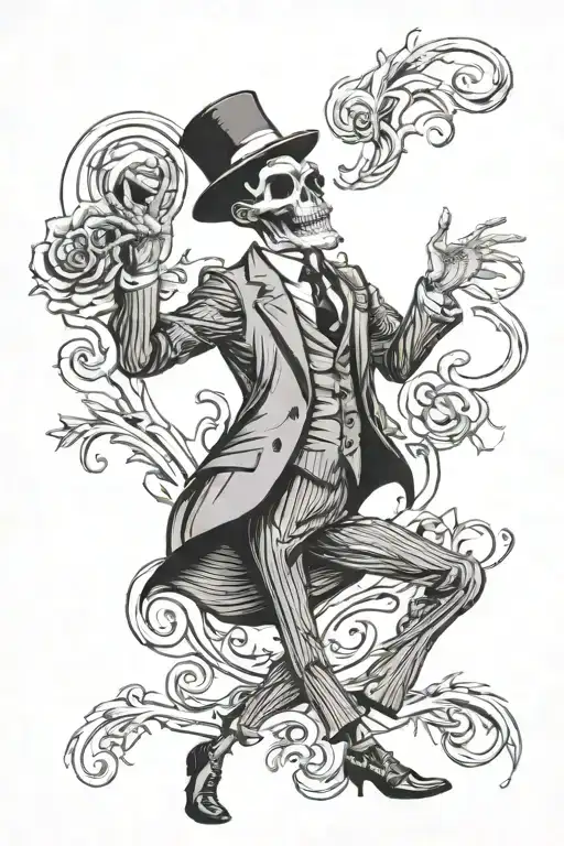 full body dark skeleton wearing a three piece suit and a frank sinatra hat tattoo design idea