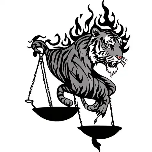 libra scale with fire and tiger tattoo design idea
