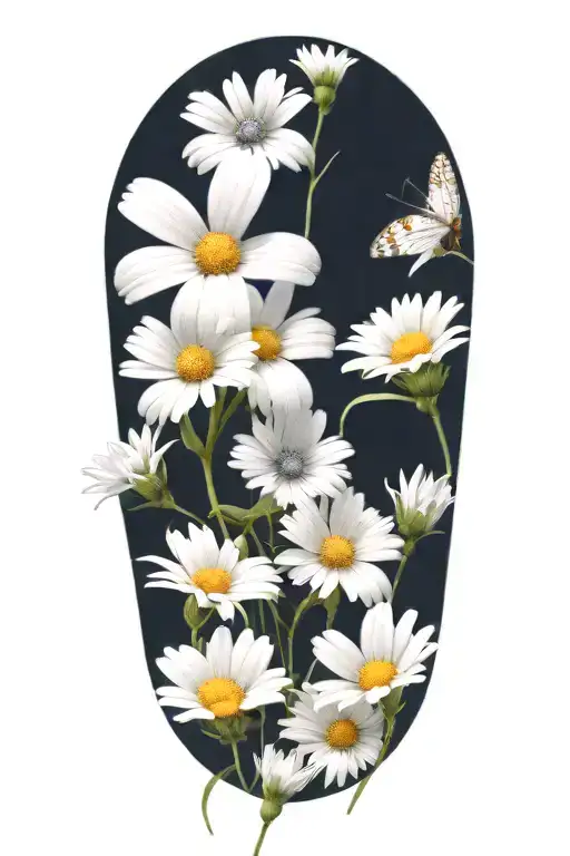 an intricate boquet of white daisys, blue cosmos flowers, and a lot of space between the flowers, and one butterfly tattoo design idea