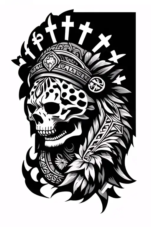 Aztec tribal tattoos with skulls, crosses and jaguar warrior arm sleeve tattoo design idea