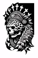 Aztec tribal tattoos with skulls, crosses and jaguar warrior arm sleeve tattoo design idea