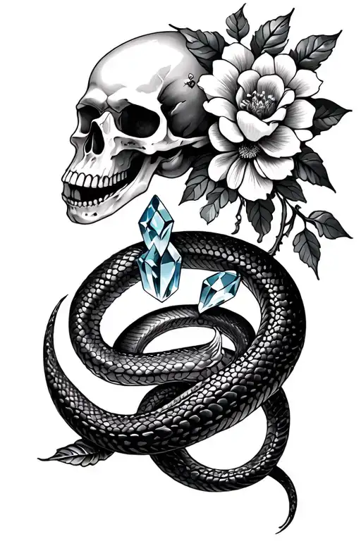 snake with flowers, maybe a skull, witch, vampire, moon, crystals tattoo design idea