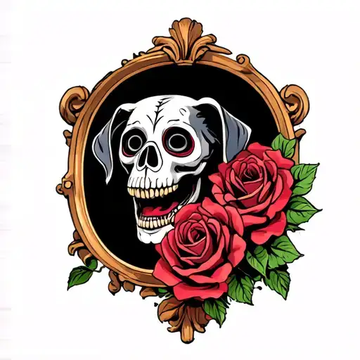 scary day of the dead zombie dog skullwith roses and mirror in background tattoo design idea