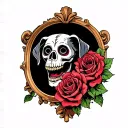 scary day of the dead zombie dog skullwith roses and mirror in background tattoo design idea