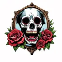 scary day of the dead zombie dog skullwith roses and mirror in background tattoo design idea