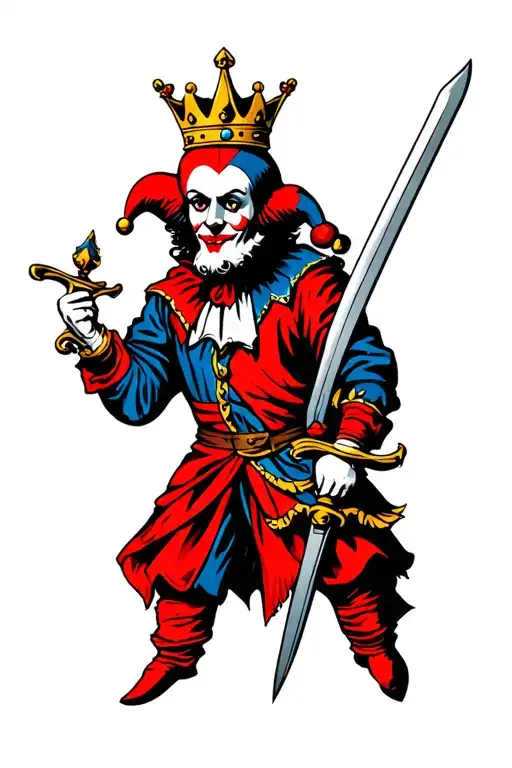 jester with a king crown and sword tattoo design idea