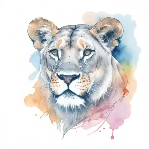 top half of a lioness with expressive amber brown eyes, a silver crown with 3 pink gem and scars on her chest tattoo design idea