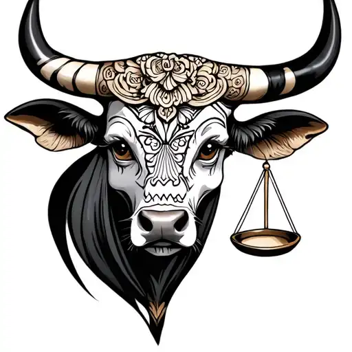 feminine bull with sugar skull markings, brown eyes and two Libra scales and dark background tattoo design idea