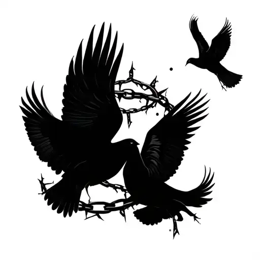 Broken chain with 2 doves flying out with a crown of thorns underneath tattoo design idea
