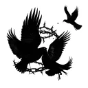 Broken chain with 2 doves flying out with a crown of thorns underneath tattoo design idea