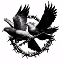 Broken chain with 2 doves flying out with a crown of thorns underneath tattoo design idea