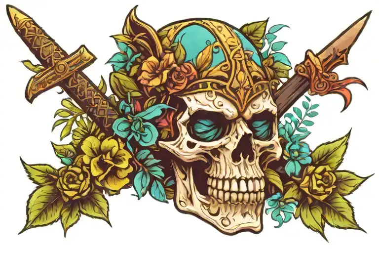 Create a skull sketch in a samurai helmet surrounded by plants, using shades of blue, turquoise, and neon green.  tattoo design idea