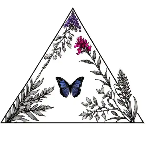Penrose triangle frame: bitterroot, mourning cloak butterfly on lupine, and Indian paintbrush tattoo design idea