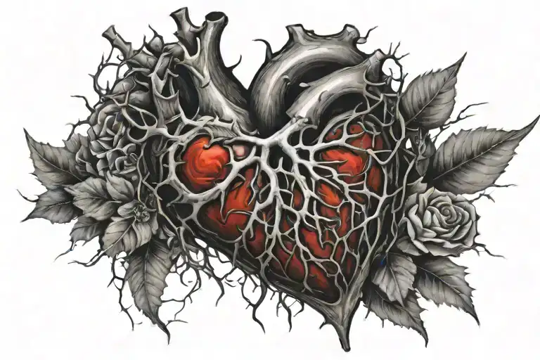 Hyper realistic heart under fire embeded on skin And the thorns tattoo design idea