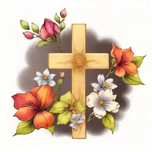 plain black cross with birth flowers of May and September in color tattoo design idea