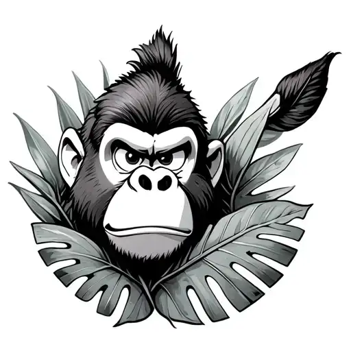donkey Kong with a smug look peeking through monstera leaves tattoo design idea