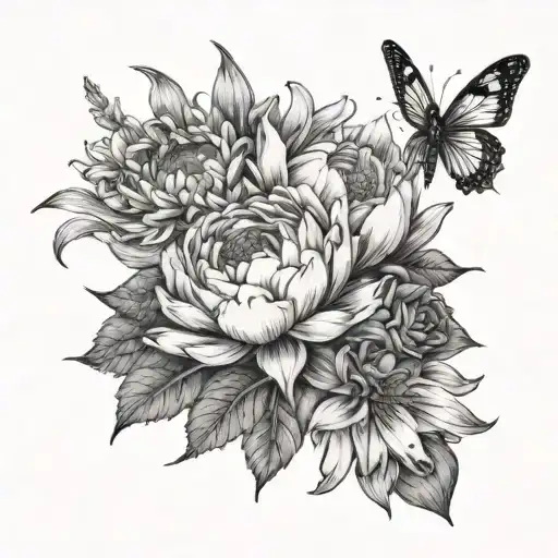 a bouquet of flowers consisting of two chamomile flowers, one peony, a rose, a lily, a bellflower and a lotus flower tattoo design idea