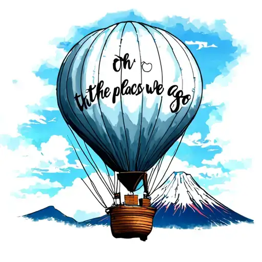 dr suess oh the places we go hot air balloon floating in front of Mt Fuji tattoo design idea