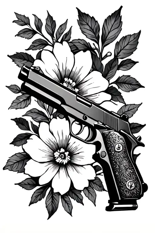 1911  gun flowers and leaves texas flag tattoo design idea