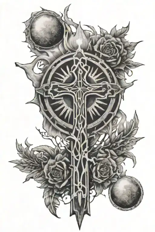 cross tattoo with sun and moon on either side of cross, surrounded by light rays, 2 small hand prints, Roman numerals  tattoo design idea