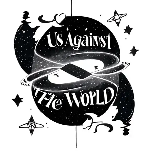 "Us Against The World" "Us Against The World" space themed Aquarius and Libra symbol intertwined tattoo design idea