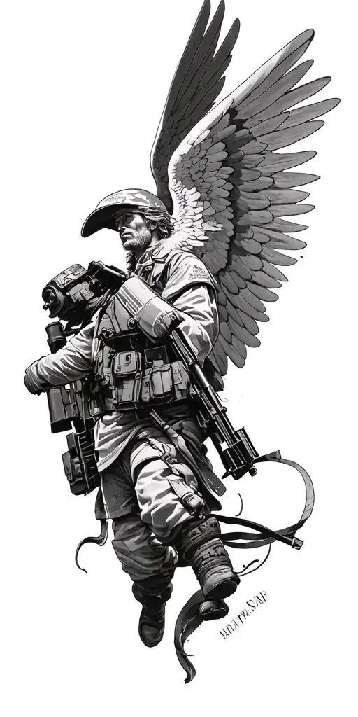 create a black and grey sleeve tattoo of an archangel for protection for my firefighter job and c130 loadmaster tattoo design idea