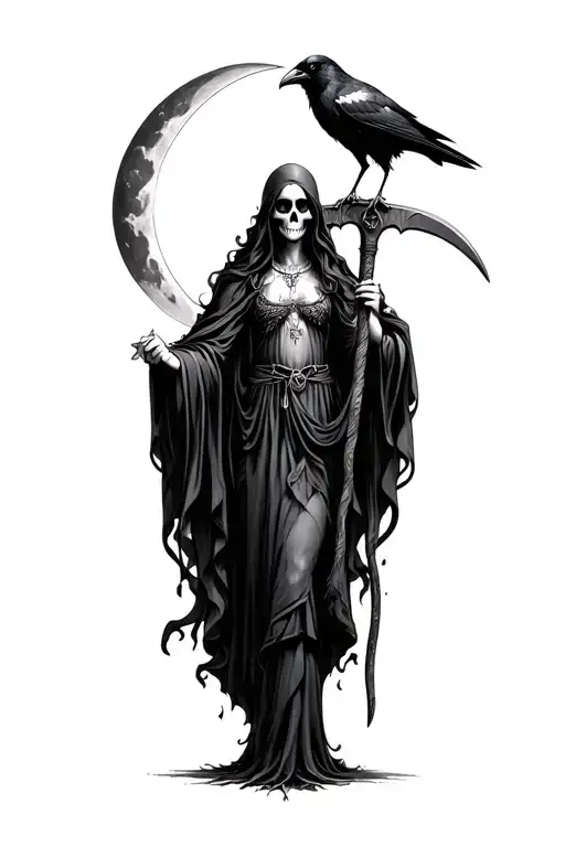 Santa muerte holding a scythe with a Raven perched on top add crescent moon in background tattoo design idea