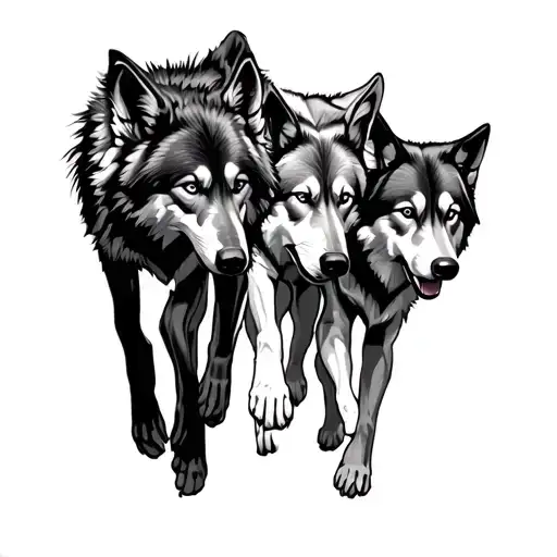 Three Domesticated Wolves Running tattoo design idea