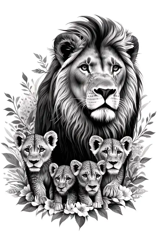 full sleeve, feminine, mom lion with 4 cubs, mandala style filler with some floral filler, fine lines tattoo design idea