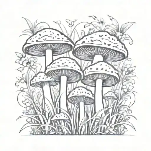 mushrooms growing on grass with a simple skull tattoo design idea