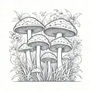 mushrooms growing on grass with a simple skull tattoo design idea