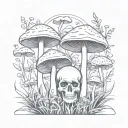 mushrooms growing on grass with a simple skull tattoo design idea