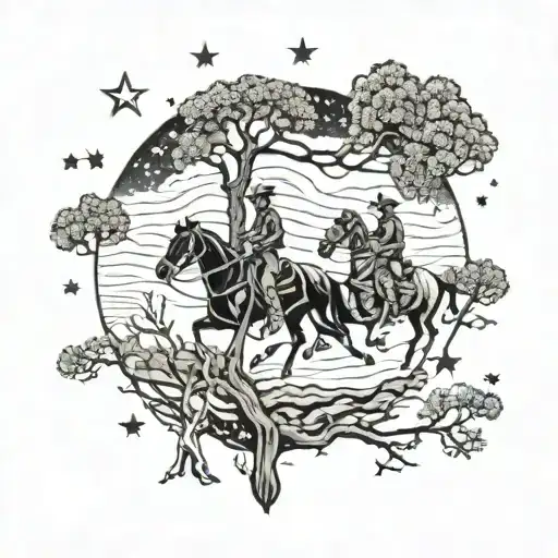 horses running through trees underneath the stars. a cowboy and a girl watch tattoo design idea