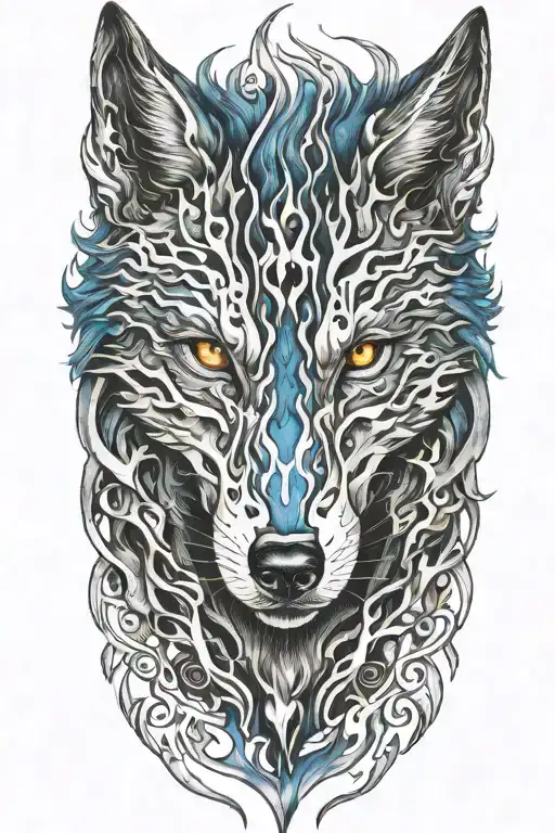 wolf blue eyes fire flames tattoo design idea