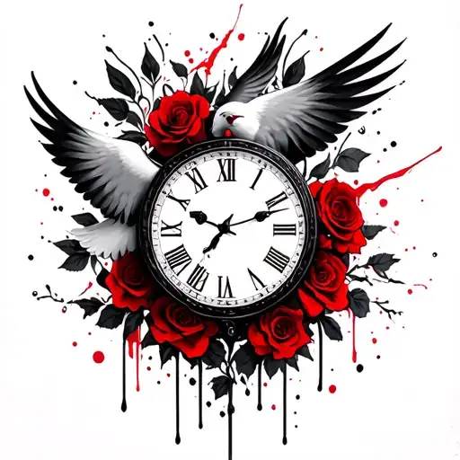 dove on fancy clock with roses growing up it  tattoo design idea
