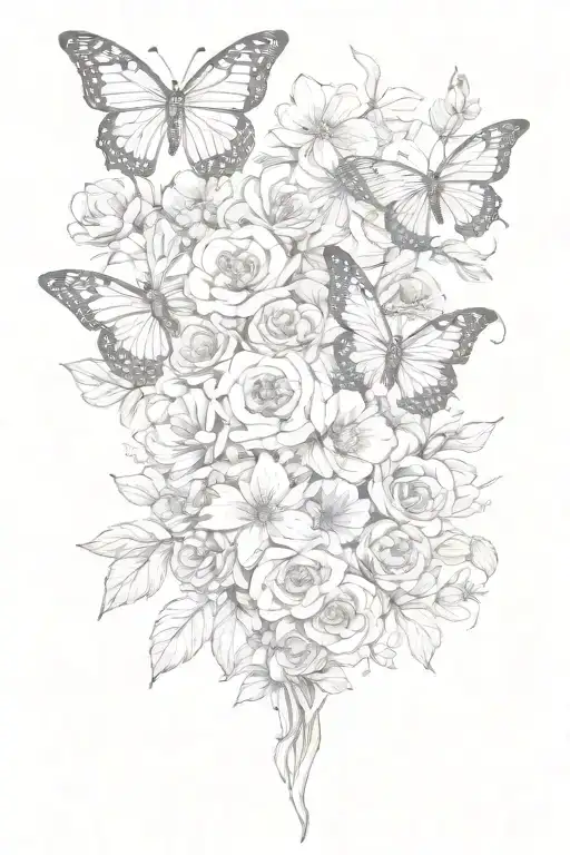 Bouquet and hearts and butterflys tattoo design idea