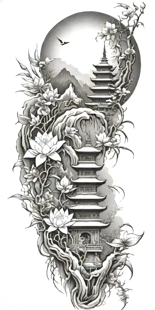 buddhist inpired tattoo with scenary of nature, bamboo, water, and with lotus, koi fish, small budda and spiritual stuff tattoo design idea