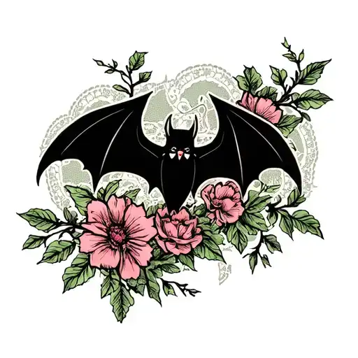 bat, spider, lace, flowers, vines, tattoo design idea