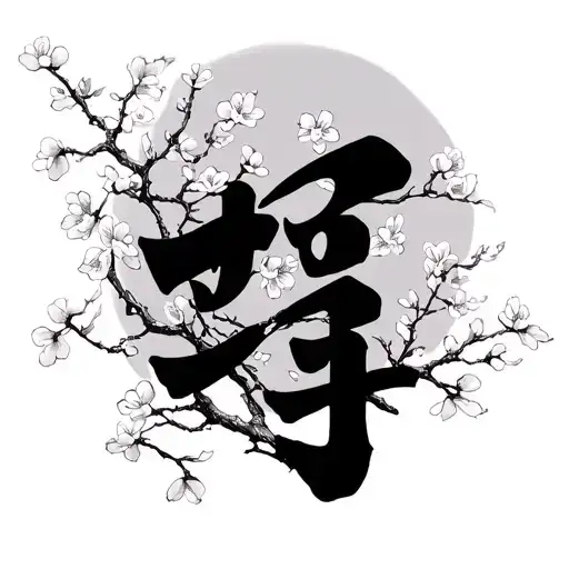 Kaizen Japenese words with cherry blossom pedals falling and branches going through the symbols tattoo design idea