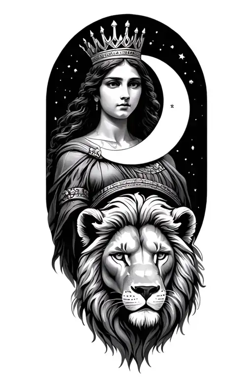 leto greek goddes wearing small crown with moon and lion tattoo design idea