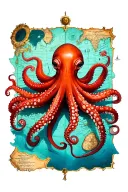 red octopus on treasure map tattoo design idea