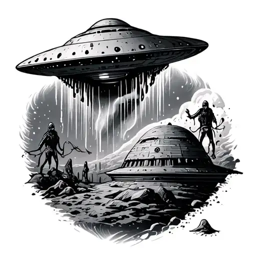 Alien UFO abduction scene tattoo design idea